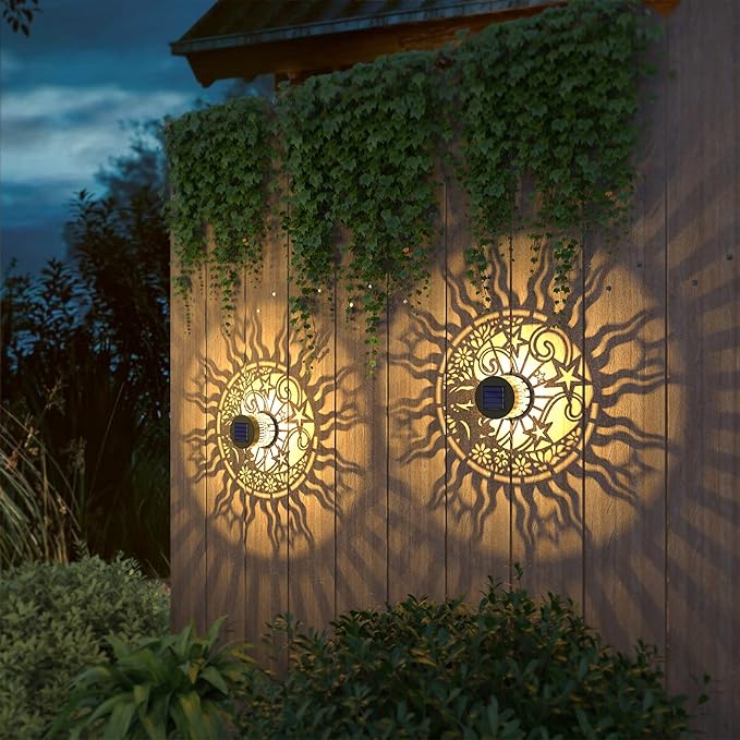 4 Pack Solar Fence Lights Metal Solar Powered Outdoor Wall Deck Lights Sun Moon Theme Waterproof Fence Light for Garden Post Patio Backyard Yard Decor (Face, 4 Pack)