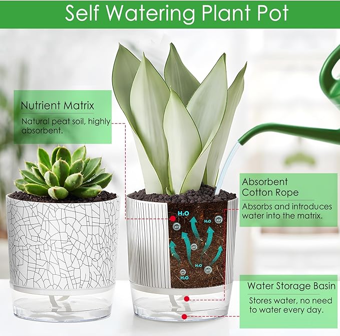 4 Pack Self Watering Pots for Indoor Plants, 4" + 5.5" Flower Pots with Wick Rope and Reservoir, Plant Pots for African Violet, Spider Plant, Orchid