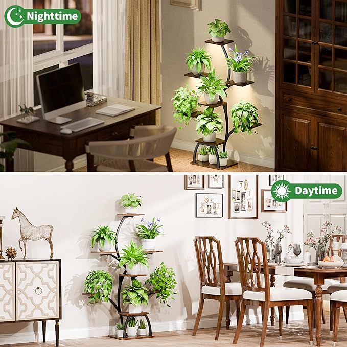 CODACE Plant Stand Indoor with Grow Lights, 6 Tiered Plant Shelf Indoor, 50" Corner Plant Stands for Indoor Plants, Lighted Tree-Shaped Plant Holder, Tall Flower Display Rack for Living Room