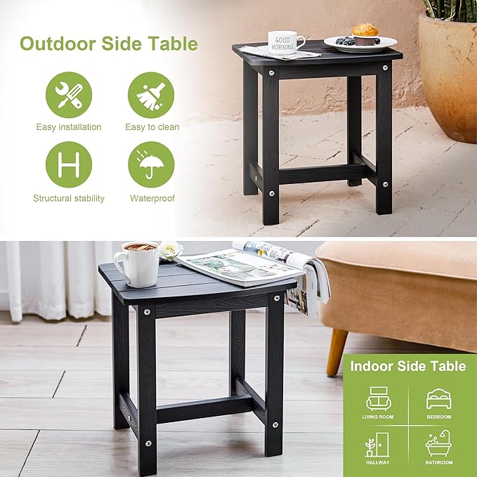 Y&M Outdoor Side Table, HIPS Adirondack Small Single Table, Waterproof Square Outside Table, Balcony Modern End Tables for Patio, Pool, Beach, Porch, Deck, Indoor or Outdoor Use (Black, 2 Pack)