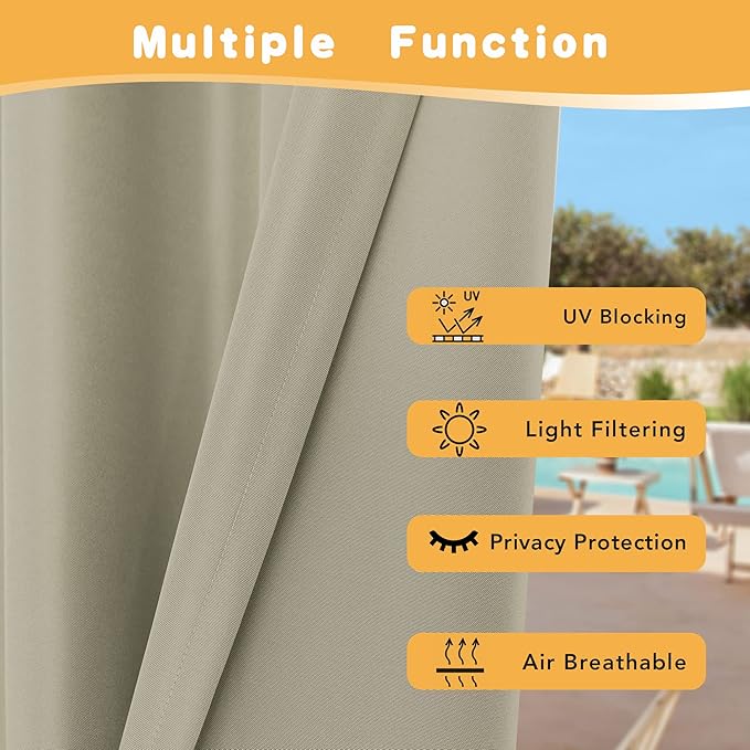HolidayIdeas Outdoor Curtains for Patio Waterproof, 2 Panels - 84 x 95 Inch - Privacy Protection & Light Filtering Curtains Grommet Outside Curtains for Porch, Gazebo, Pergola, Backyard (Taupe)