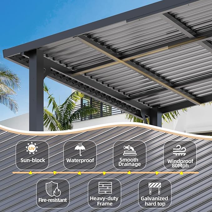 AECOJOY 20' x 12' Outdoor Gazebo Hardtop Pergola for Patio, Large 12x20 Galvanized Steel Heavy Duty Lean to Gazebo Wall-Mounted Pergolas and Gazebos Clearance, Metal Patio Roof Awnings for Backyard