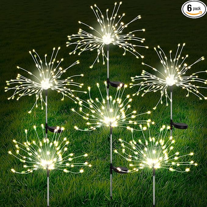 FOOING 6 Pcs Solar Garden Lights Solar Firework Lights, 200 LED String Light 2 Modes Twinkling Nightlight for Outside, Wedding, Party,Patio Home Deceration (Warm White)