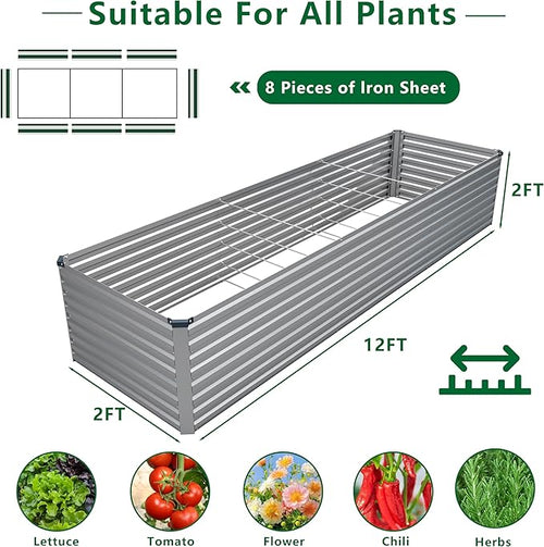 12x2x2FT Galvanized Raised Garden Bed Kit,Vegetable Plant Boxes-Rectangle Metal Flower Box,Large Planter Raised Beds Outdoor Garden for Planting,Fruit,Herb-Silver