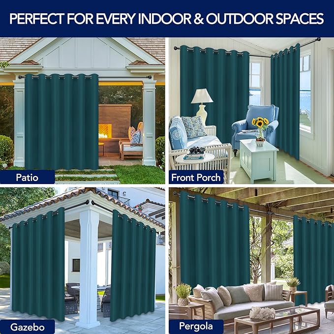 PureFit Outdoor Curtains for Patio Waterproof Weatherproof, UV Resistant Outside Curtains for Gazebo, Front Porch, Pergola, Sun Blocking Privacy Curtain, 100x108 inch, 1 Panel, Teal