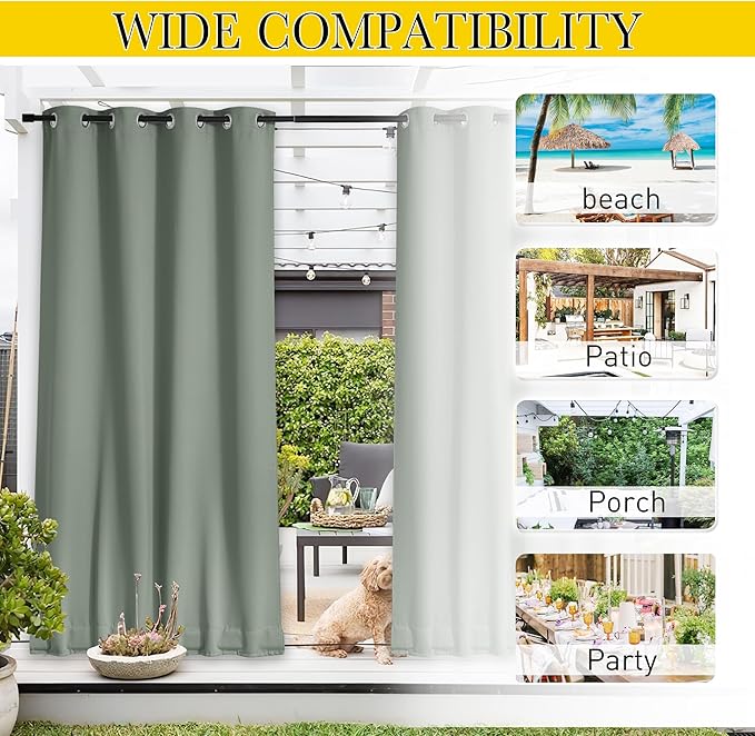 NICETOWN Outdoor Curtains for Patio Waterproof 108 inches Long 2 Panels, Windproof Thermal Insulated Top & Bottom Grommet/Back Tab Privacy Drapes with Rope for Gazebo, Sage Green, W52 x L108