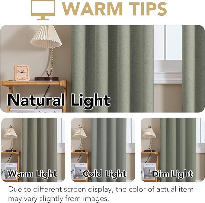 H.VERSAILTEX Linen Curtains 100% Blackout Curtains for Bedroom 54 inch Long Full Light Blocking Nature Linen Blended Window Curtains for Living Room Nickel Grommet (2 Panels, Heathered Dried Sage)