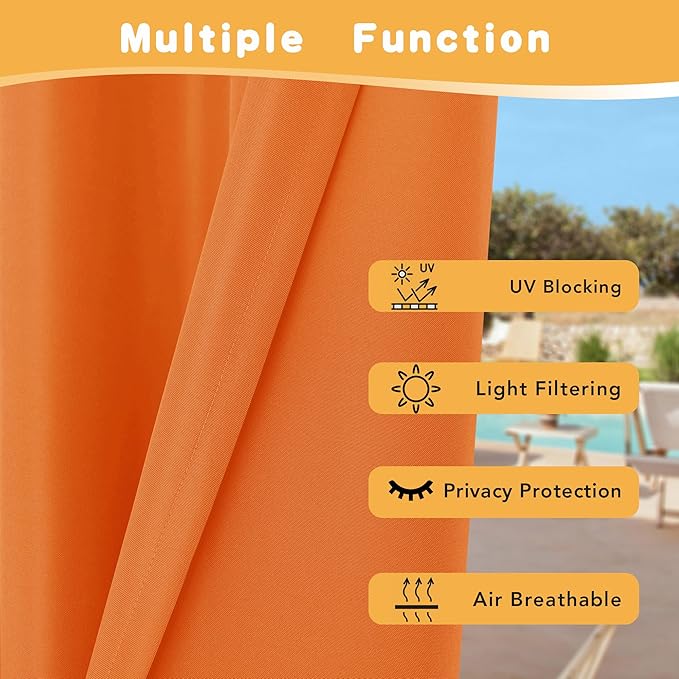 HolidayIdeas Extra Wide Outdoor Curtains for Patio Waterproof, 2 Panels - 110 x 95 Inch - Privacy & Light Filtering Curtains Grommet Outside Curtains for Porch, Gazebo, Backyard (Mecca Orange)