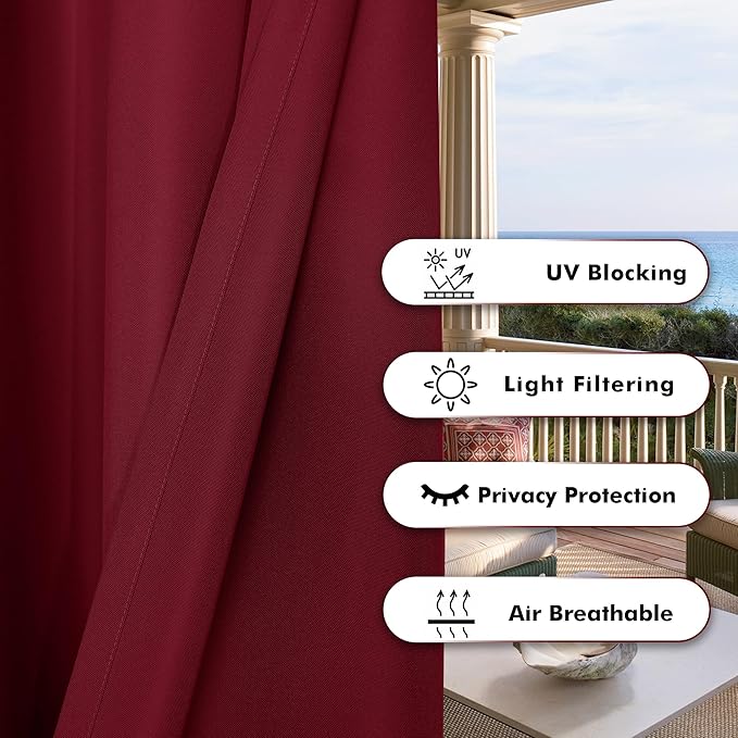 BONZER Outdoor Curtains for Patio Waterproof Thick Privacy Extra Wide Grommet Light Filtering Outside Curtains for Porch Pergola Gazebo Deck, 1 Panel, 150W x 95L inch, Red