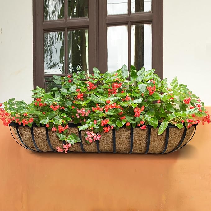 2 Pack 48 Inch Window Deck Railing Planter Boxes with Coconut Liner, Large Hanging Window Flower Boxes Metal Railing Planter for Balcony Fence Porch (2, 48 Inch)