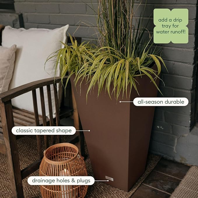 Veradek V-Resin Indoor/Outdoor Taper Planter (Espresso, 30 inch - 2 Pack with 2 Saucer Trays)