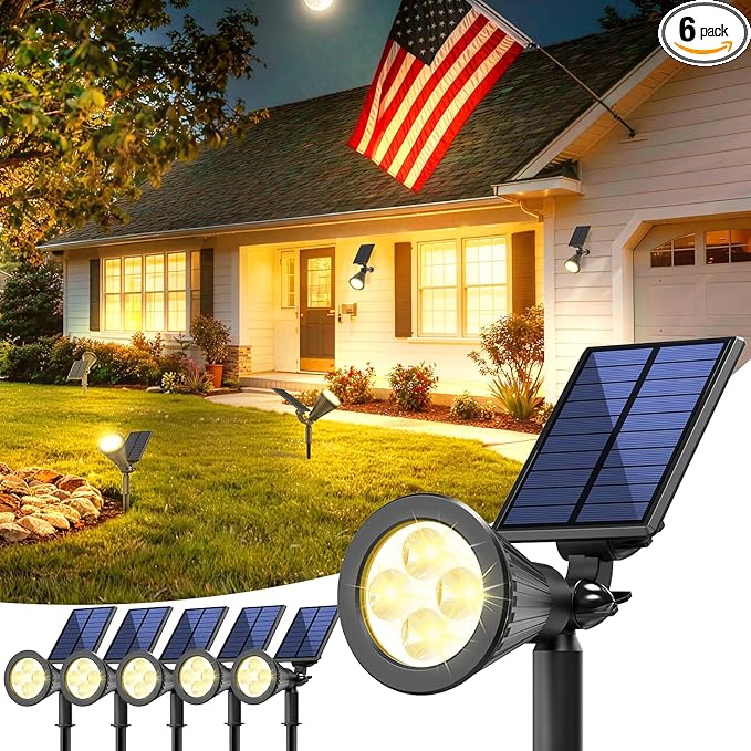 6 Pack Solar Lights Outdoor Waterproof IP65,Warm White,Super Bright LED,2 Lighting Modes,Solar Powered Yard Garden Solar Spot Lights for Flag Landscape Auto On/Off