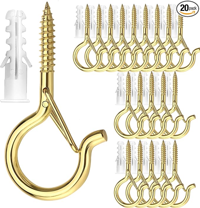 PlusRoc 20 Pack Ceiling Hooks for Hanging Plants Outdoor String Lights Heavy Duty, 2.2 Inch Eye Hook Screw in Cup Hooks Q-Hanger for Patio Lights, Wall Wood Fence Deck Mount(Gold)