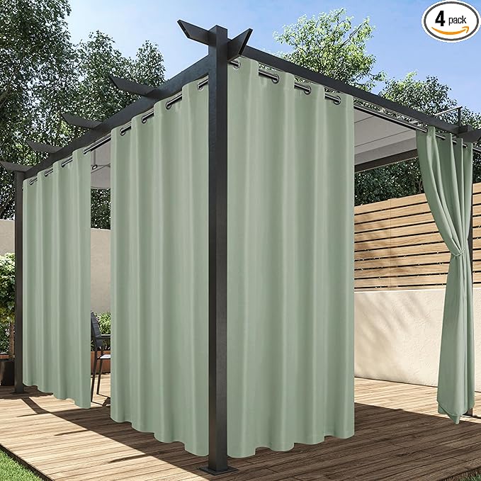 HolidayIdeas Outdoor Curtains for Patio Waterproof, 4 Panels - 54 x 120 Inch - Privacy Protection & Light Filtering Curtains Grommet Outside Curtains for Porch, Backyard (Sage Green)