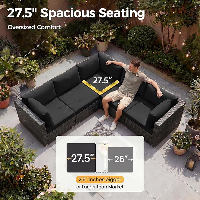 NICESOUL Large Size 9 Piece Patio Conversation Set with Fire Pit Table Propane/Gas, 29.3'' High Back Outdoor Furniture Sectional Set, Heavyweight Rattan Contemporary Sofa, 2 Color Cushion Black &Gray