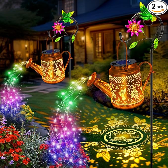 2 Pack Solar Lanterns Outdoor Waterproof,Hummingbird Watering Can Garden Decor,Hanging Solar Path Lights Yard Art,Outside Patio Decorations Gardening Christmas Gifts for Mom Grandma Women (with Hook)