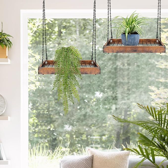 Plant Hanger Indoor Outdoor, 16" Large Hanging Planters for Indoor Plants Hanging Plant Holder Wood Metal Hanging Plant Shelf Large Hanging Baskets for Plants Outdoor Window Ceiling (2 Pack )
