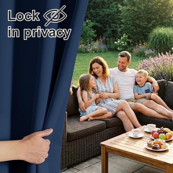 RYB HOME Extra Wide Outdoor Curtains for Patio Waterproof Heavy Duty Thermal Insulated in Summer Full Coverage Privacy for Porch, Cabana & Pool, W120 x L95, Navy Blue, 1 Panel