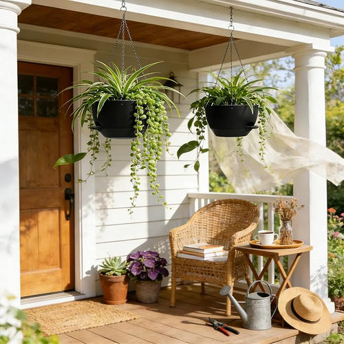 13 Inch 2 Pack Large Self Watering Hanging Planters for Indoor Outdoor Plants, Hanging Plant Pots with Removable 50 Oz Reservoir, Plastic Hanging Basket for Window Porch Garden Balcony, Black