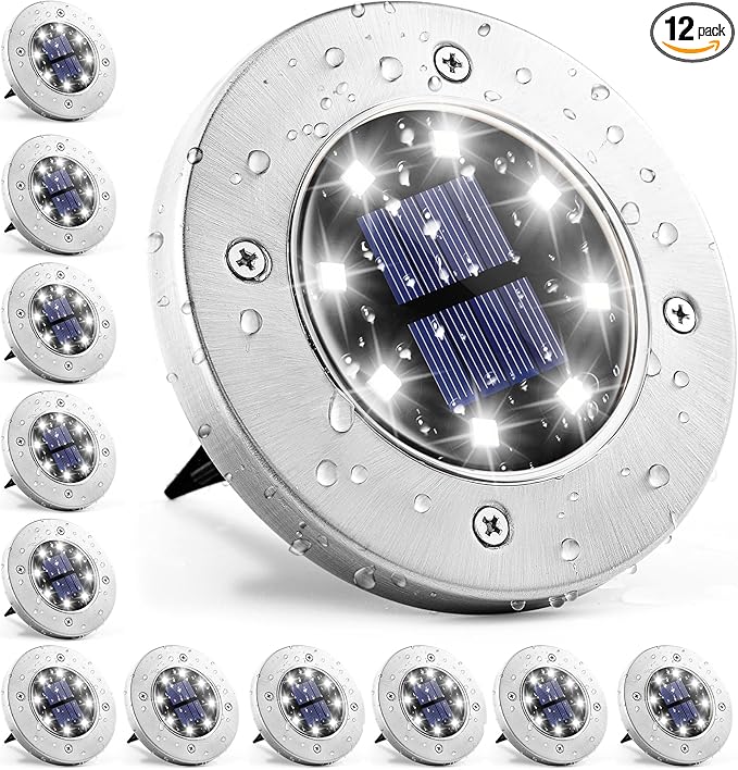 GIGALUMI Solar Ground Lights - No-Drill Fence Lighting Solution, Waterproof Perimeter Lights Compatible with Wood, Metal & Concrete Fences (12 Pack Cool White)