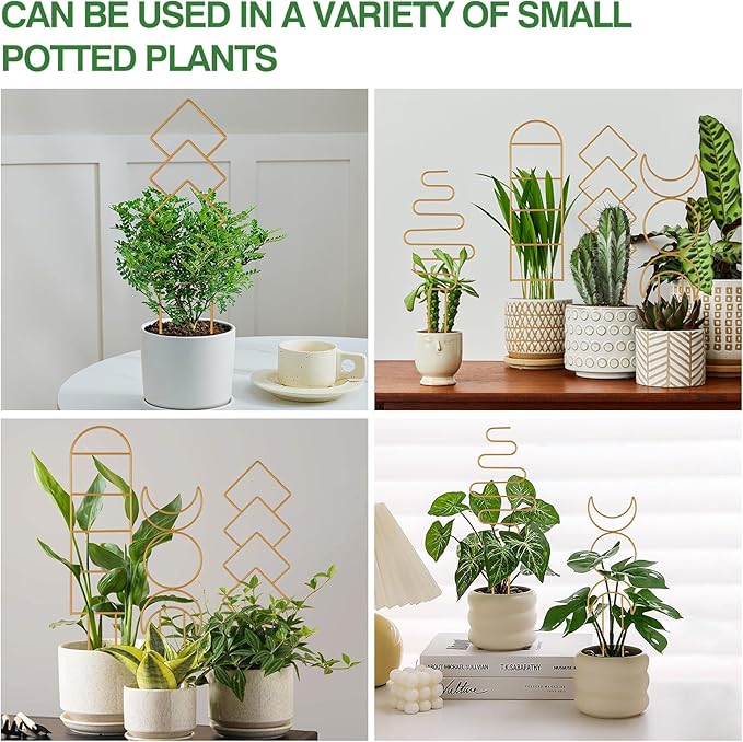 Indoor Plant Trellis for Potted Plants, 16inch Gold Small Trellis for Climbing Plants Outdoor Garden Metal Trellis with Different Patterns for Vine Ivy Flower Plant Support 4 Pack