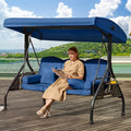 3 in 1 Outdoor Porch Swing with Adjustable Canopy, 3 Seat Outdoor Swing for Adults, Patio Swing Chair with Thickened Cushions,Pillows & Cup Holders for Backyard, Porch, Garden (Blue)