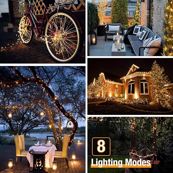 btfarm 2 Pack Solar String Lights Outdoor, 66FT 160LED Solar Fairy Lights Outside Waterproof 8 Modes, Copper Wire Solar Powered Twinkle Light for Garden Tree Christmas Wedding Party,Warm White