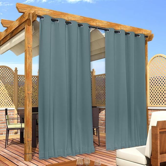 NICETOWN 2 Panels Weighted Blackout Outdoor Curtains for Patio Waterproof, Grommet & Back Tab on top and Bottom Windproof Privacy Thermal Drapes for Cabana with Fixed Rope, W52 x L95, Greyish Blue