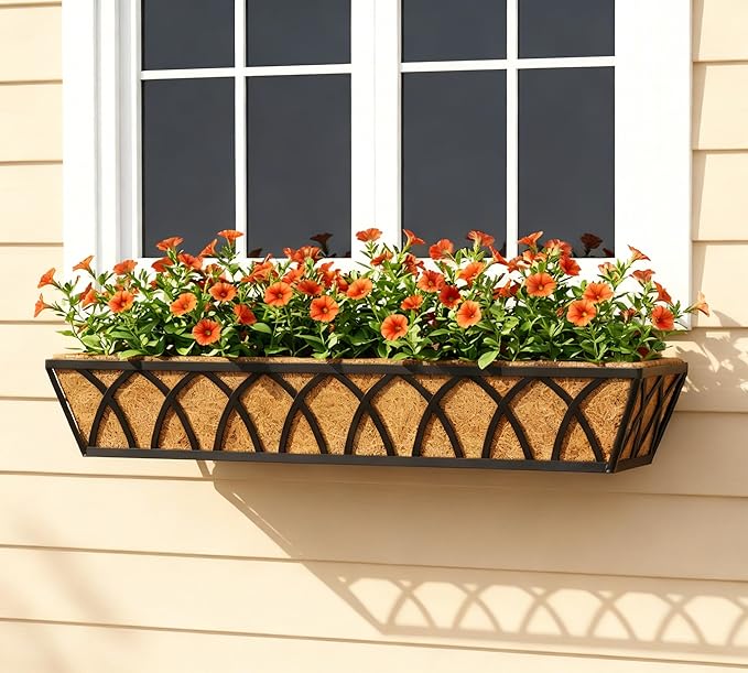 Y&M 30 Inch Window Deck with Coco Liner, Fence Metal Hanging Flower Planter Window Basket Deck Railing Planter Boxes for Outdoor Garden Lawn,6pcs