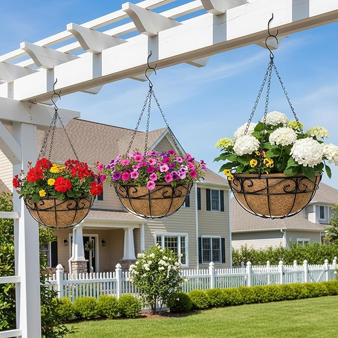 Outdoor Metal Hanging Planters Basket (4pack, 14 inch) Hanging Baskets for Plants Chain Round Wire Plant Holder with Coco Fiber Liners for Garden, Patio, Deck, Porch(Flower Border)