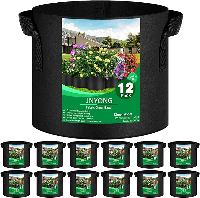 12-Pack 7 Gallon Thickened Non-Woven Grow Bags, Aeration Fabric Pots with Handles