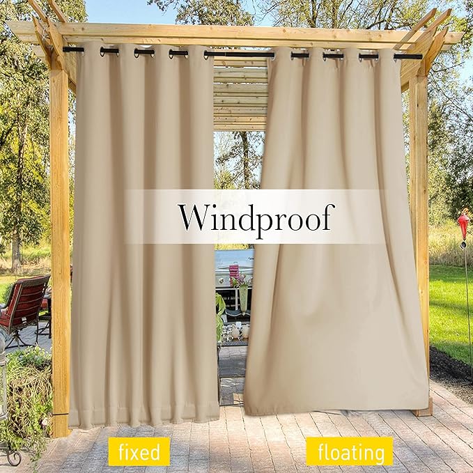 NICETOWN 2 Panels Outdoor Curtains for Patio Waterproof & Windproof, Thermal Insulated Top & Bottom Grommet & Back Tab Light Block Outdoor Drapes with Bouns Rope for Fixed, Biscotti Beige, W52 by L95