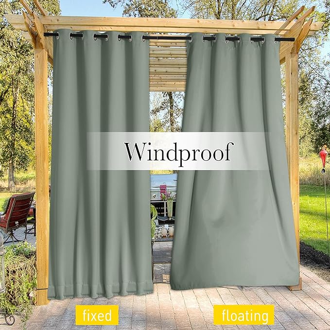 NICETOWN Outdoor Curtains for Patio Waterproof 108 inches Long 2 Panels, Windproof Thermal Insulated Top & Bottom Grommet/Back Tab Privacy Drapes with Rope for Gazebo, Sage Green, W52 x L108