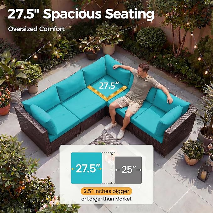 NICESOUL 9 Piece Patio Sectional Set with Firepit Natural Gas/Propane, 29.3'' High Back Tall Big Outdoor Conversation Couch Sets, Wide Sitting Furniture for Outside, Brown Rattan and Teal Cushion