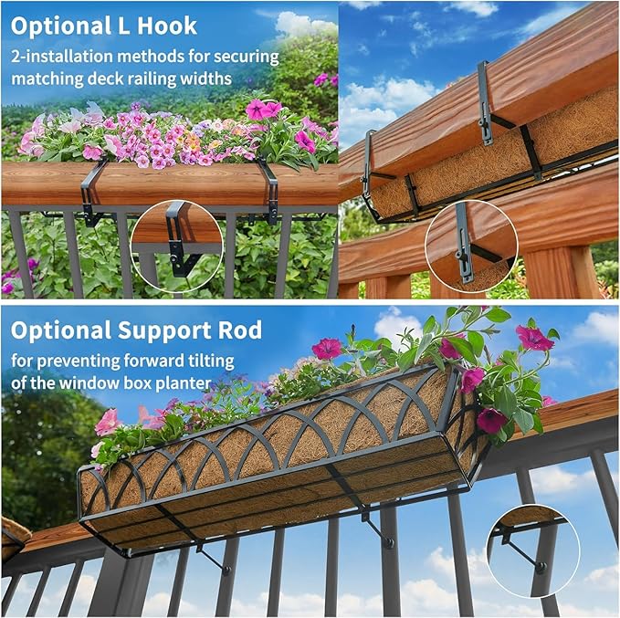 Y&M 30 Inch Window Deck with Coco Liner, Fence Metal Hanging Flower Planter Basket Deck Railing Planter Boxes for Outdoor Garden Lawn, 30" Window Boxes Horse Trough with Coconut Coir Liner,4pcs
