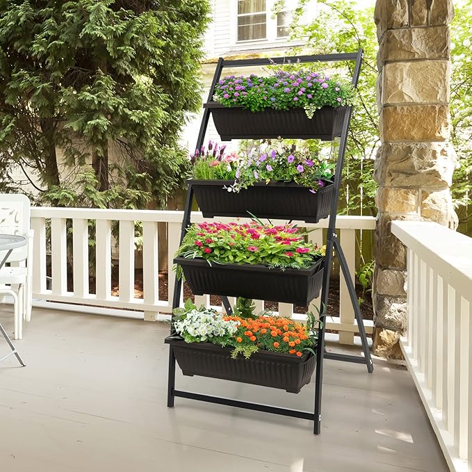 Giantex 2 Pcs 5.2FT Vertical Raised Garden Bed, 4-Tier Elevated Planter Box w/4 Containers & Drainage Holes, Indoor Outdoor Freestanding Planter for Vegetables, Herbs, Flowers, Heavy-Duty Metal Frame