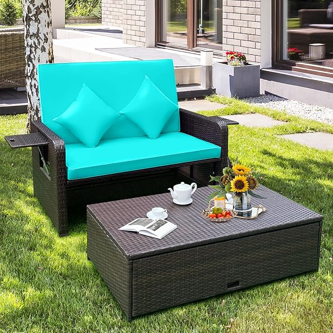 LDAILY Moccha Outdoor Daybed, Wicker Loveseat Sofa Set with 4-Postion Adjustable Backrest, Storage Ottoman, Cushions, Rattan Double Bed Lounger, Patio Furniture Set (Turquoise)