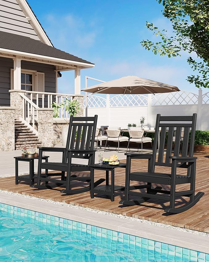 HDPE Rocking Chair Outdoor Set of 4 - Poly High Back Porch Rocker Chairs for Adults - All Weather Resistant Furniture for Patio Front Porch - Black