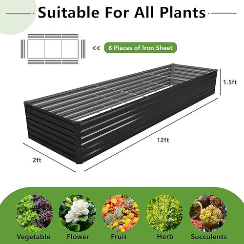 12x2x1.5FT Galvanized Raised Garden Bed,Vegetable Boxes-Rectangle Metal Flower Box,Large Planter Raised Beds Outdoor Garden for Planting,Fruit,Herb-Black
