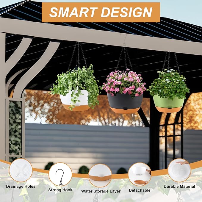 4 Pack Plastic Hanging pots for Plants Indoor,8 Inch Plant Pot Indoor Outdoor Hanging Baskets,Hanging Flower Pots with Drainage Holes and Chain for Garden Porch Plants(Black)