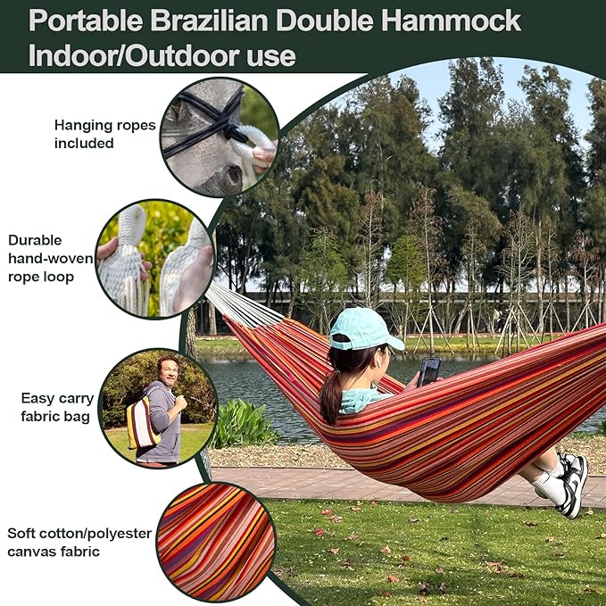 JoyView Brazilian Double Hammock with Hanging Ropes Extra Large 86.6x59” Portable Cotton Hammock for Patio Backyard Porch 450LBS Weight Capacity Perfect for Outdoor/Indoor - Black/Red Stripe