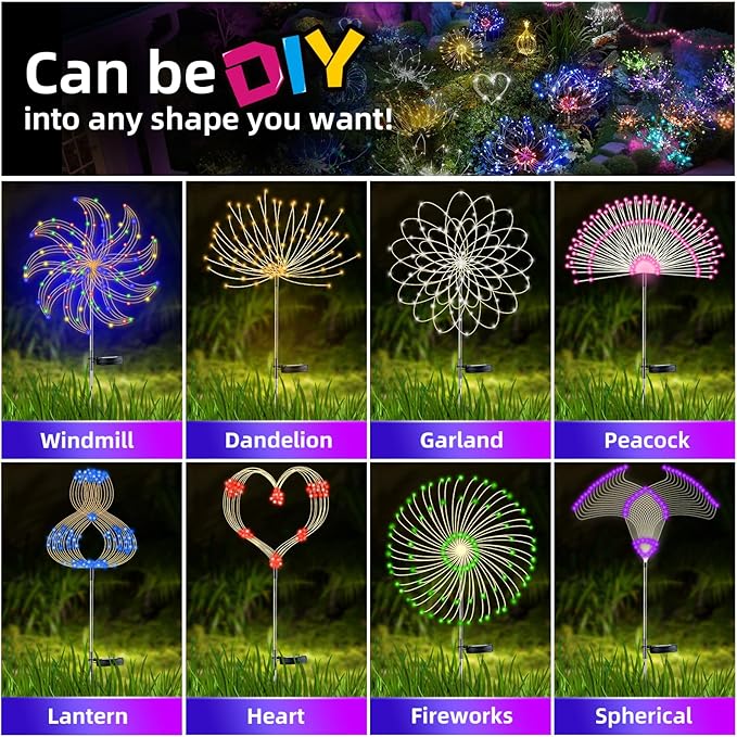 4 PCS Solar Firework Light, Outdoor Solar Garden Decorative Lights 120 LED Powered 40 Copper Wires String DIY Landscape Light for Walkway Pathway Backyard Christmas Decoration Parties (Warm White)