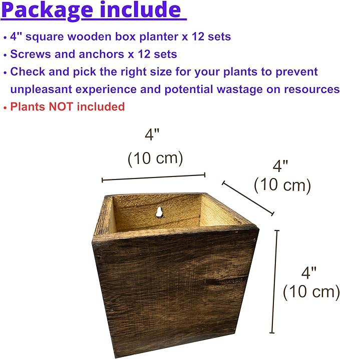 LaLaGreen Indoor Planter Box for Plants (4x4 Inch, 12 Pack) Small Square Wooden Wall Mounted Planters Wood Window Boxes Hanging Flower Pot Plant Holder Outdoor Herb Modern Vertical Garden Home Decor
