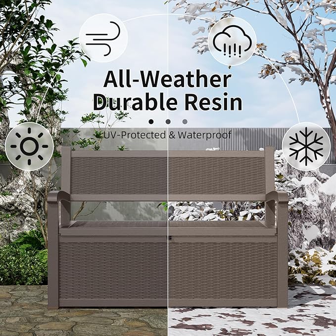 80 Gallon Outdoor Storage Bench Deck Box Waterproof Lockable,Outdoor Storage Furniture for Patio,Garden and Cushions(Gray)