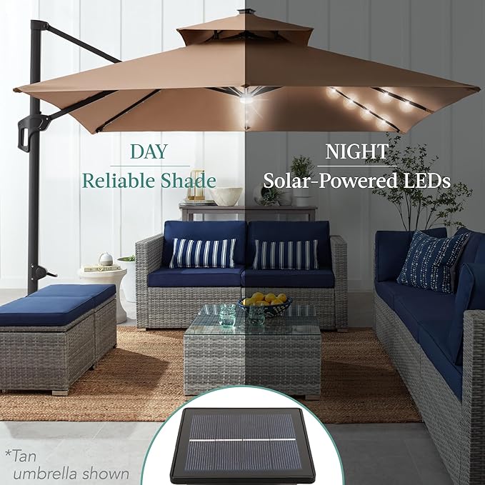 Best Choice Products 10x10ft Cantilever Patio Umbrella w/Base Included, Solar LED Lights 360 Rotation Large Offset Hanging Outdoor Shade for Deck Pool Backyard w/Stand – Rose Quartz