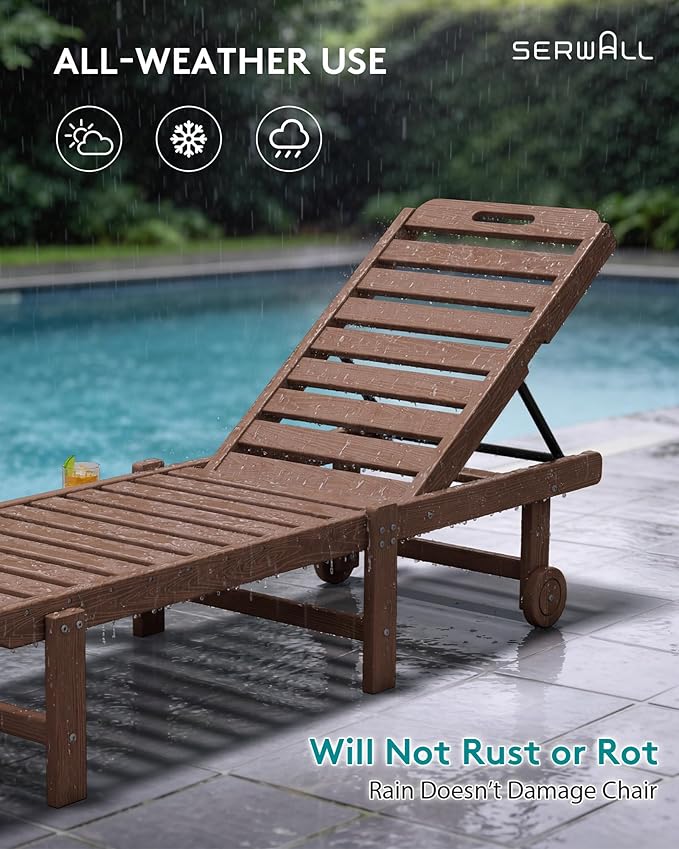 SERWALL Outdoor Chaise Lounge Set of 2, All-Weather HDPE Pool Lounge Chairs with 5-Position Adjustable Reclining Backrest, Rolling Wheels & Cup Holder for Poolside, Brown
