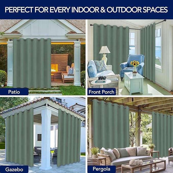 PureFit Outdoor Curtains for Patio Waterproof Weatherproof, UV Resistant Outside Curtains for Gazebo, Front Porch, Pergola, Sun Blocking Privacy Curtain, 100W x 108L inch, 1 Panel, Sage Green