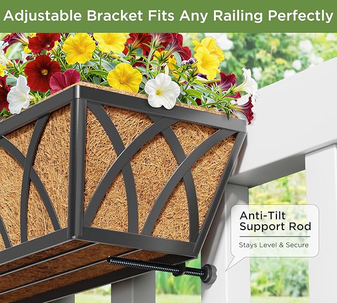 Y&M 24 Inch Fence Metal Hanging Flower Planter Window Basket Deck Railing Planter Boxes for Outdoor Garden Lawn， Window Deck with Coco Liner,6pcs