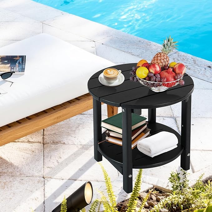 LZRS Round Adirondack Side Table Double End Table, Outdoor Side Tables for Patio, Backyard,Pool, Indoor Companion, Easy Maintenance & Weather Resistant(Black)