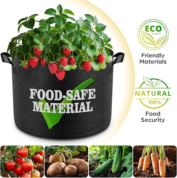 5 Pack 2 Gallon Grow Bags, Thickened Nonwoven Fabric Planter Pots with Handles, Heavy Duty 300G Garden Pots for Tomato, Potato and Vegetable